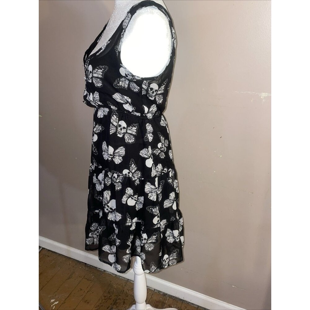 Hot Topic Skull Butterfly Black Mini Dress Skater Sleeveless Sheer Overlay Sz M - Picture 5 of 11